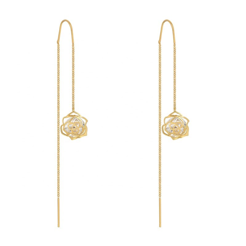 Gold Plated Zircon Long Tassel Flower Drop Earring