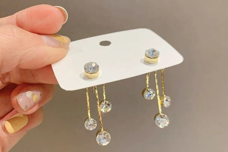 Gold Plated Brass Diamond Dangle Tassel Earrings