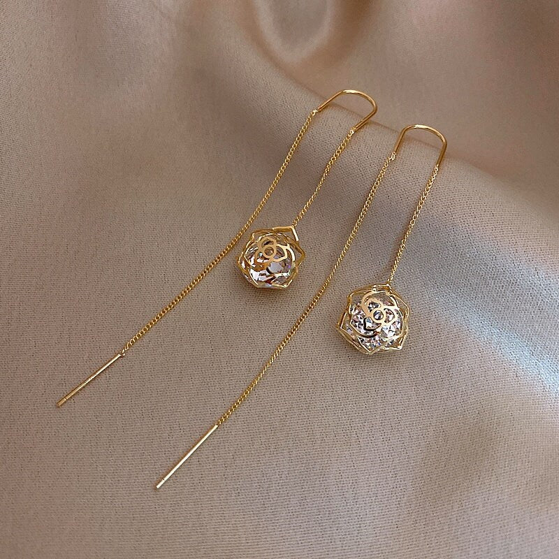 Gold Plated Zircon Long Tassel Flower Drop Earring