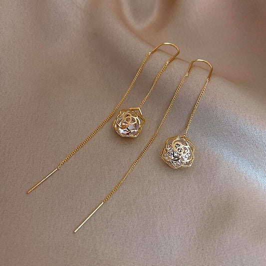 Gold Plated Zircon Long Tassel Flower Drop Earring