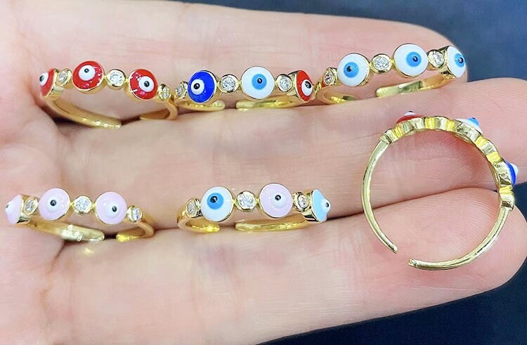 18k Gold Plated Colorful Enamel Adjustable Evil Eye Ring
